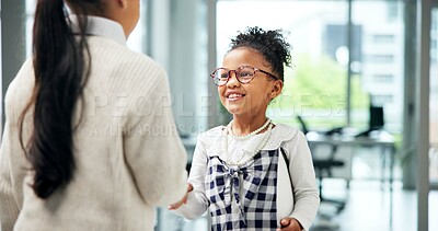 Buy stock photo Business, children or handshake in office with smile for recruitment, CV document or work costume. Happy girl, kids or shaking hands in workplace with resume for job interview, role play and pretend.