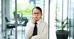 Business girl, portrait and kid thinking with decision for company play or junior internship. Idea, child or pretend intern with glasses or plan for choice, costume or problem solving in workplace