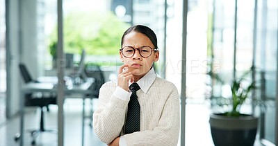 Buy stock photo Business girl, portrait and kid thinking with decision for company play or junior internship. Idea, child or pretend intern with glasses or plan for choice, costume or problem solving in workplace