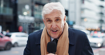 Buy stock photo Journalism, microphone and portrait of reporter in city for breaking news broadcast or update. Announcement, information and report with mature journalist man outdoor in street for live coverage