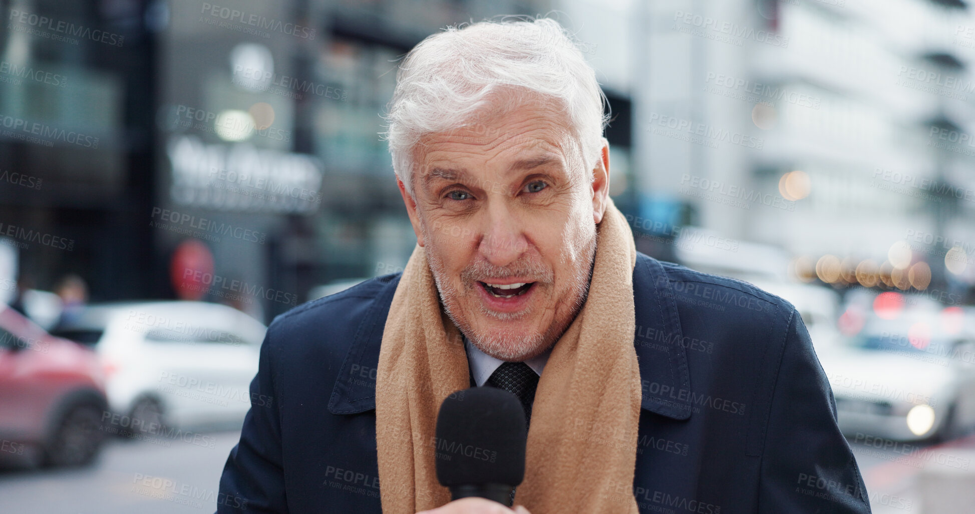 Buy stock photo Journalism, microphone and portrait of reporter in city for breaking news broadcast or update. Announcement, information and report with mature journalist man outdoor in street for live coverage