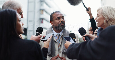 Buy stock photo Politician, man and interview with journalist for election announcement, campaign opinion or reaction. Political leader, people and media in city for qna discussion, question and mayor vote feedback.