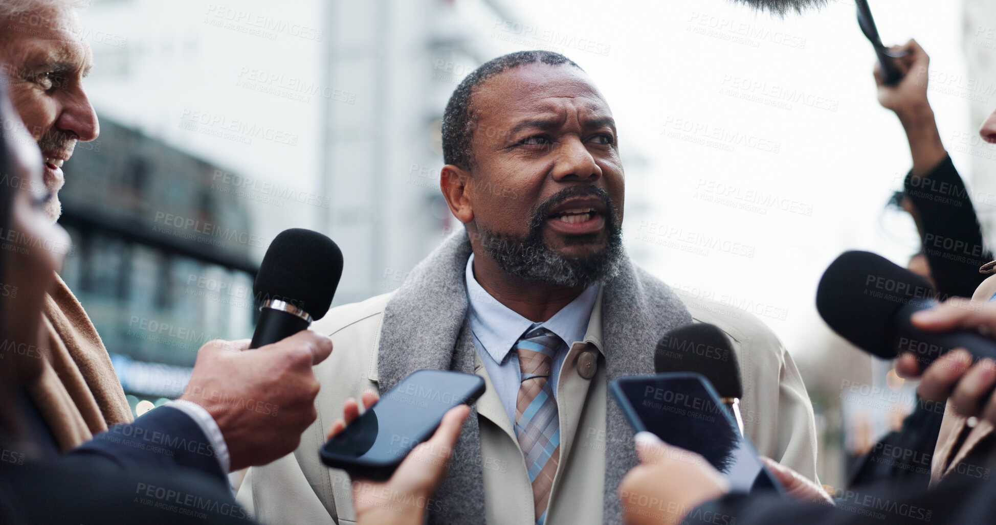 Buy stock photo Politician, man or interview with reporter for election announcement, campaign opinion or reaction. Political leader, people and media for politics discussion, question or mayor feedback in New York.