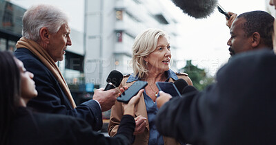 Buy stock photo Politician, woman or talk with journalist for election announcement, campaign opinion or reaction. Mature person, mayor candidate and media in New York for politics discussion, question or statement.