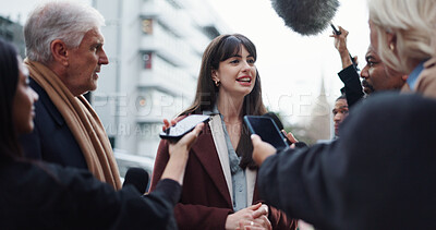 Buy stock photo Woman, spokesperson and interview with press, city and journalists with election questions and talk. Happy, representative and outdoor with reporters for campaign updates, media and people with mic