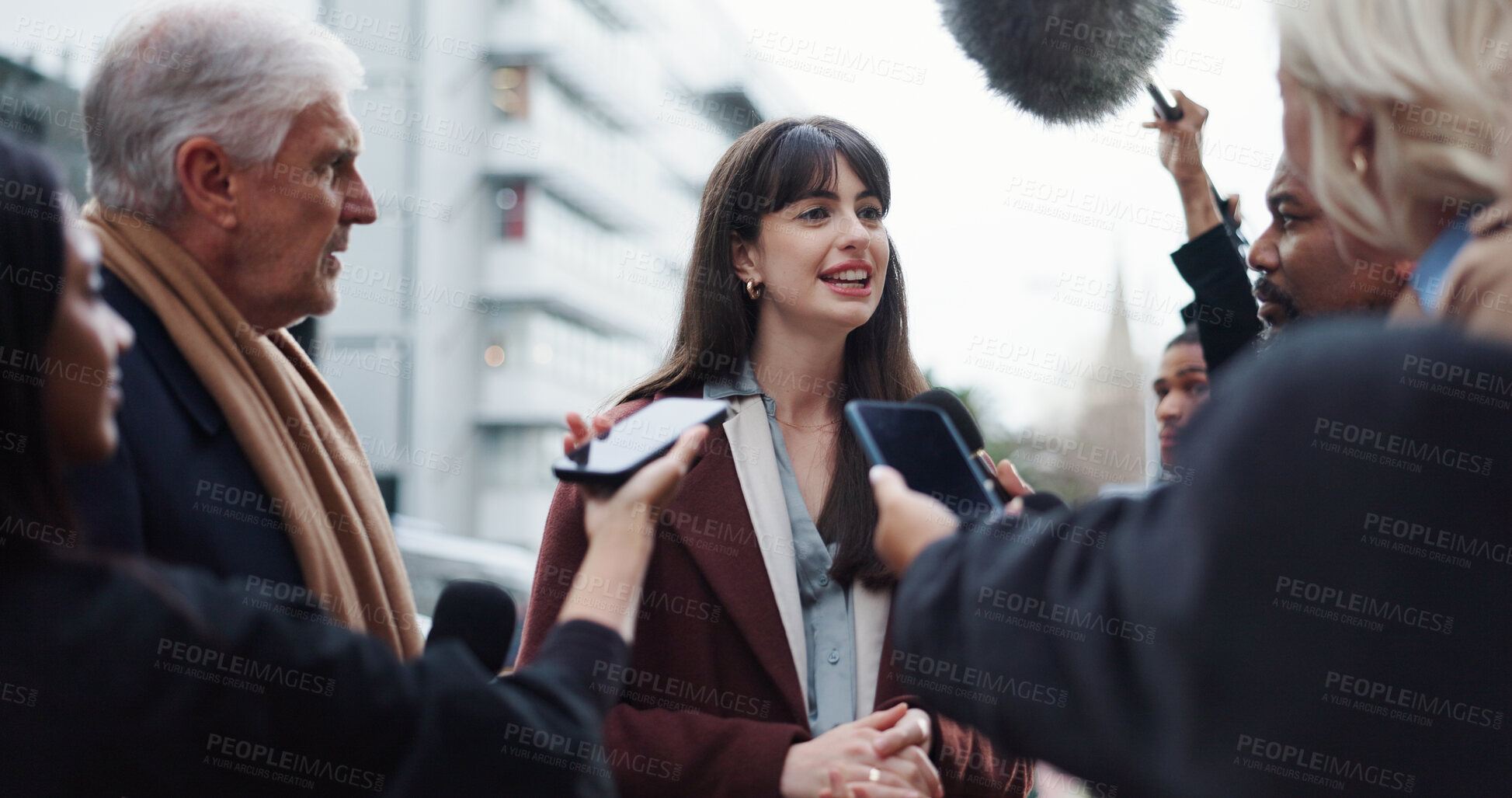 Buy stock photo Woman, spokesperson and interview with press, city and journalists with election questions and talk. Happy, representative and outdoor with reporters for campaign updates, media and people with mic