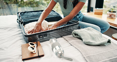 Buy stock photo Hands, packing and suitcase with traveler in bedroom of home for holiday, trip or vacation. Clothes, getting ready and luggage bag with tourist person on bed in apartment for travel preparation