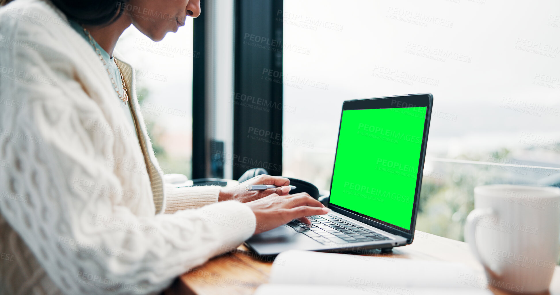 Buy stock photo Typing, green screen and student in cafe with laptop, mock up and online assignment in ux design. Research, tech or girl in cafeteria with notebook, chroma key or digital report in e learning.