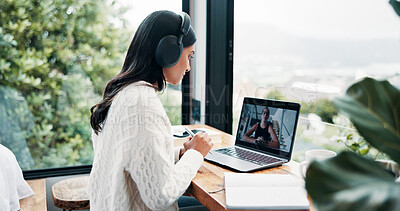 Buy stock photo Headphones, laptop screen and video call with woman at window in home for remote work communication. Computer, view and virtual meeting with freelance employee in apartment for small business contact