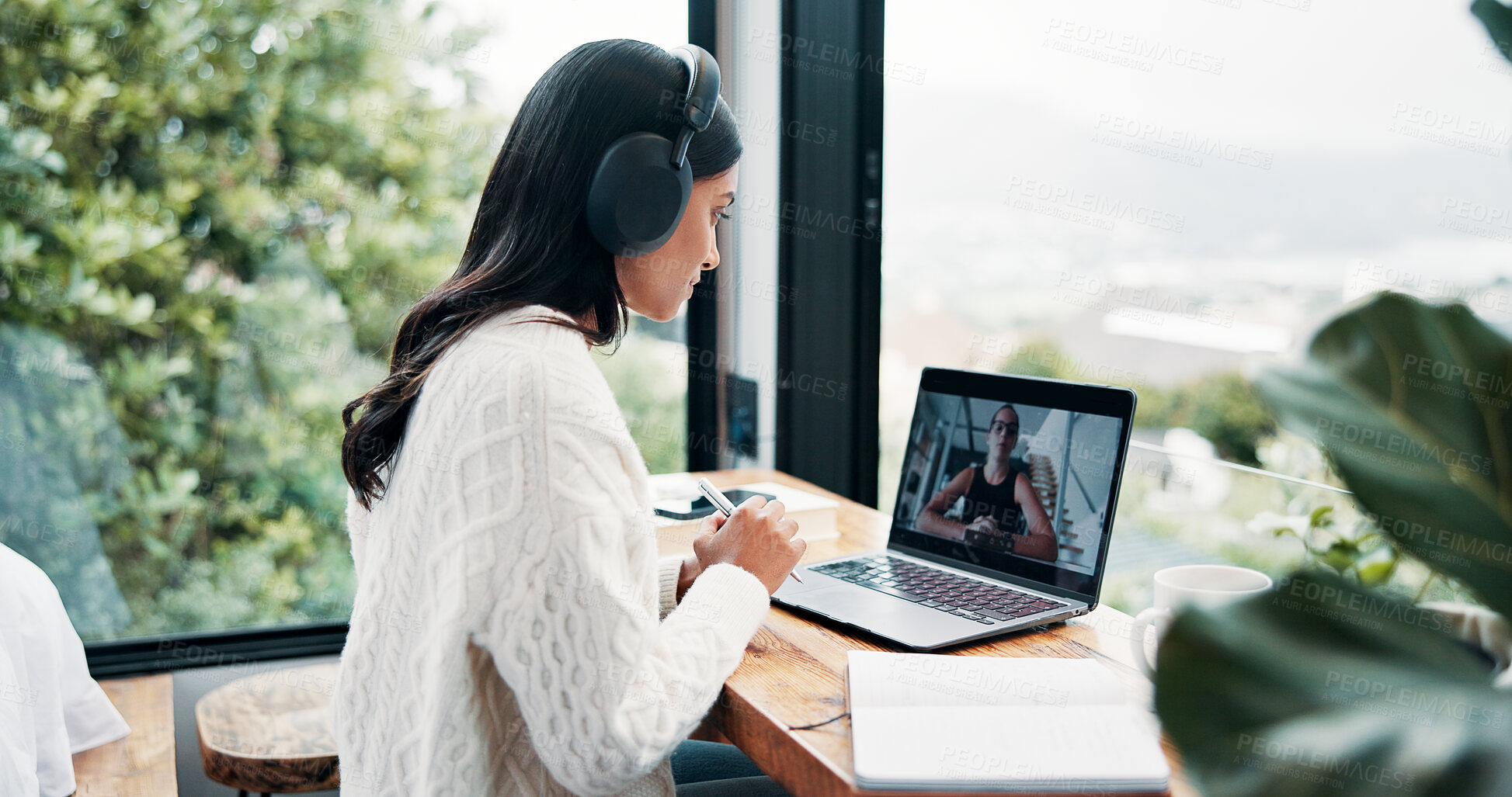 Buy stock photo Headphones, laptop screen and video call with woman at window in home for remote work communication. Computer, view and virtual meeting with freelance employee in apartment for small business contact