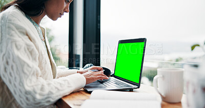 Buy stock photo Research, green screen and student in cafe with laptop, mock up and online assignment in ux design. Display, tech or girl in cafeteria with notebook, chromakey or digital report in e learning.