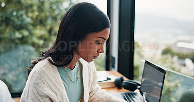 Buy stock photo Remote work from home, thinking and woman with planning, writing and copywriting. Person, freelancer and journalist with pc, brainstorming and creativity with ideas, solution and decision for project