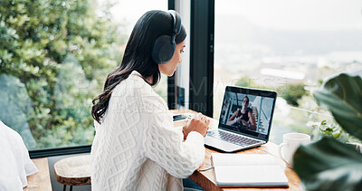 Buy stock photo Headphones, laptop screen or video call and woman in home with view for remote work communication. Computer, virtual meeting and window with freelance employee in apartment for small business contact
