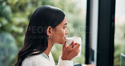 Buy stock photo Thinking, woman and coffee in home with peace, calm and reflection with morning beverage. Tea drink, daydreaming and Indian person in house with window view, idea and planning on weekend break
