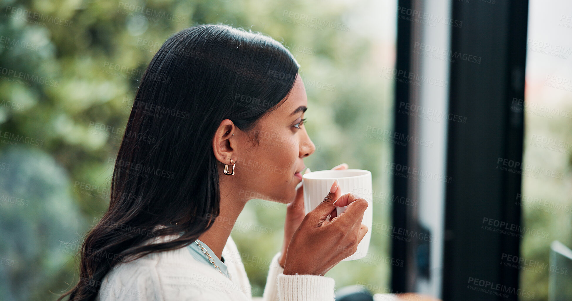 Buy stock photo Thinking, woman and coffee in home with peace, calm and reflection with morning beverage. Tea drink, daydreaming and Indian person in house with window view, idea and planning on weekend break