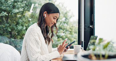 Buy stock photo Woman, student and earphones with phone at house for education, listening to music and social media. Female person, mobile and streaming for study podcast, playlist audio and elearning notification