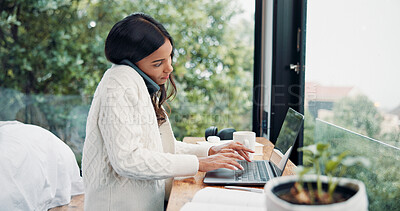 Buy stock photo Remote work, phone call and woman with laptop for typing, networking and news source by window. Freelancer, journalist and communication in home for article questions, information and discussion