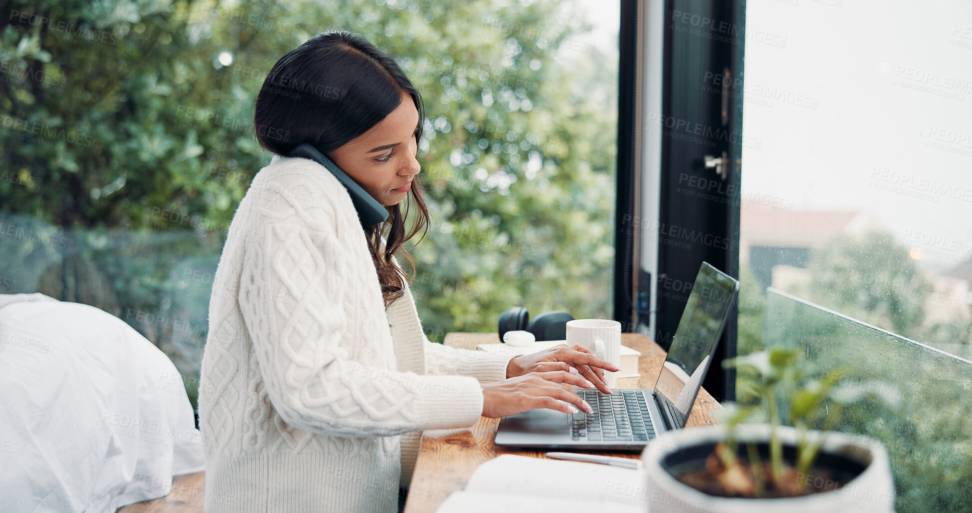 Buy stock photo Remote work, phone call and woman with laptop for typing, networking and news source by window. Freelancer, journalist and communication in home for article questions, information and discussion