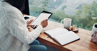 Buy stock photo Above, remote work or woman in cafe with tablet, article edit or source contact for magazine. Digital nomad, notebook or journalist in coffee shop with tech, networking or story pitch for publication