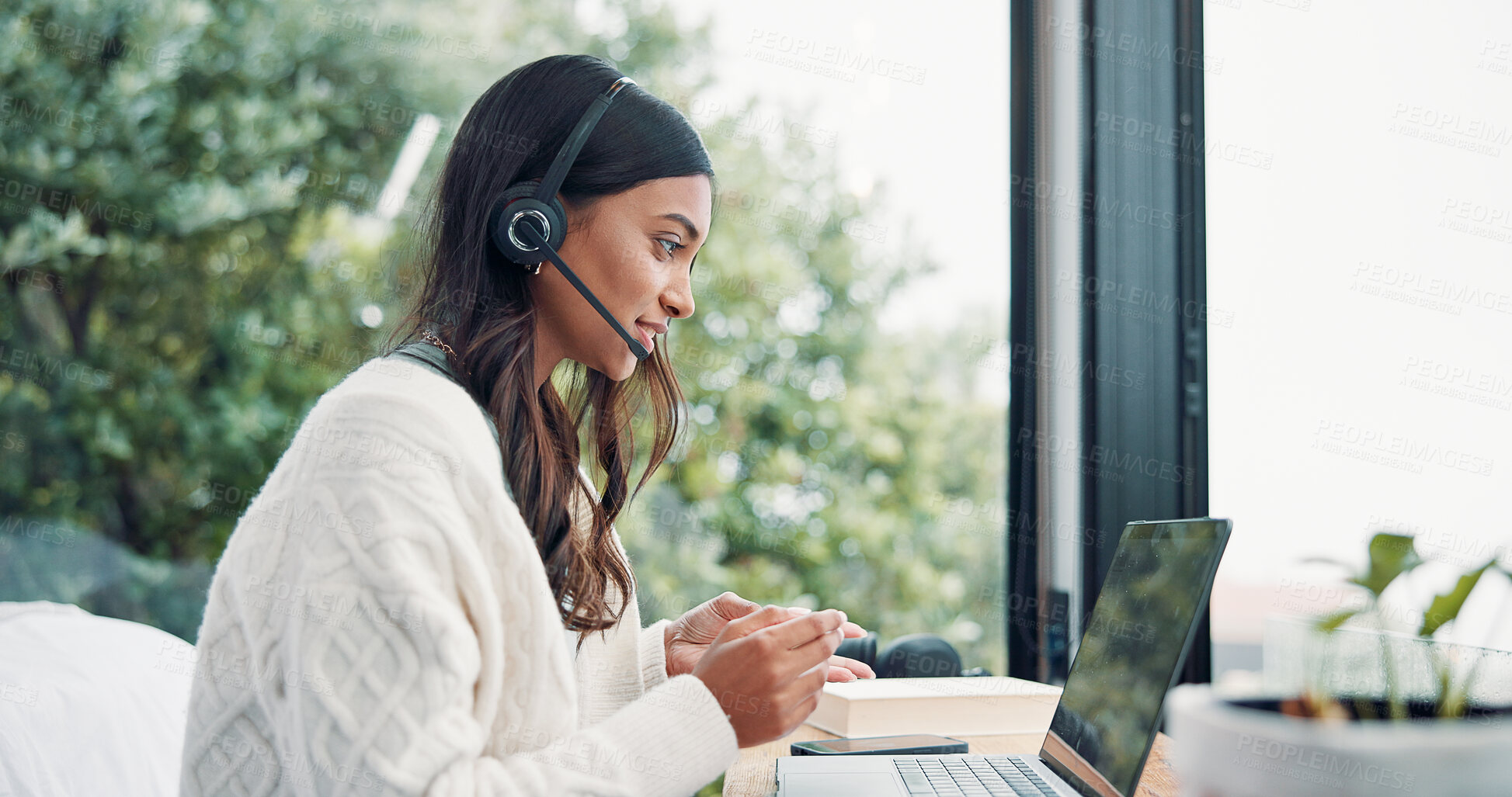 Buy stock photo Woman, remote work and headset with laptop at house for consultation, customer support and advice. Agent, freelancer and pc for online assistance, helping client and listening to inquiry for telecom