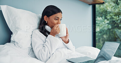 Buy stock photo Woman, drinking coffee or laptop in bed for remote work, check email and company communication. Freelancer, person or morning drink in home with computer for daily tasks, calendar or schedule review.