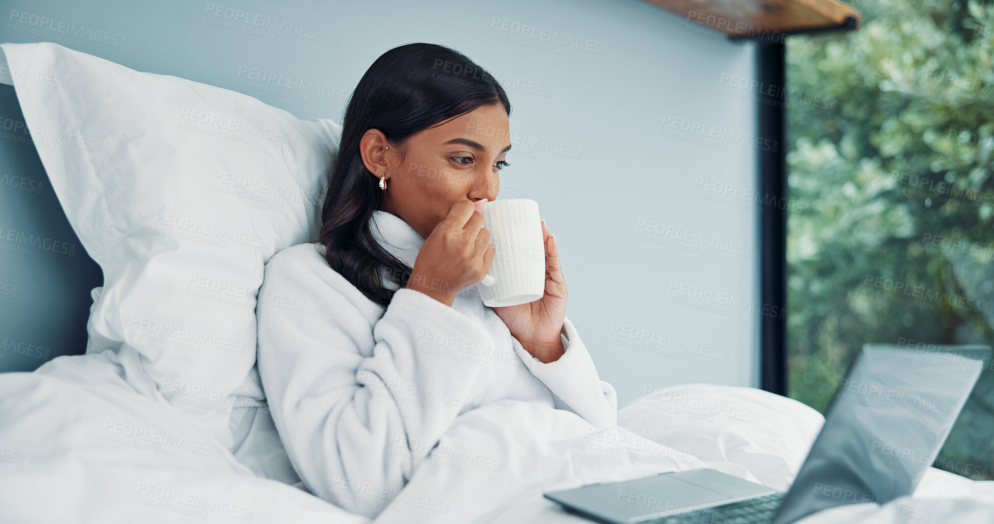 Buy stock photo Woman, drinking coffee or laptop in bed for remote work, check email and company communication. Freelancer, person or morning drink in home with computer for daily tasks, calendar or schedule review.