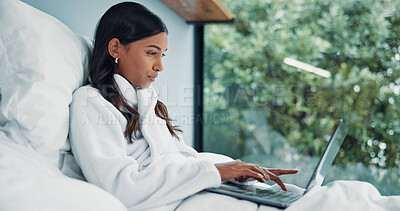 Buy stock photo Woman, typing and remote work in bed with laptop for email feedback, administration and calendar. Freelancer, person and pajamas in home with computer for daily update, schedule and project review.
