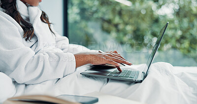 Buy stock photo Freelancer, bed and hands typing on laptop in home for online article, inspiration or writing publication. Remote work, woman and story plot in robe for proofreading, email or response in bedroom