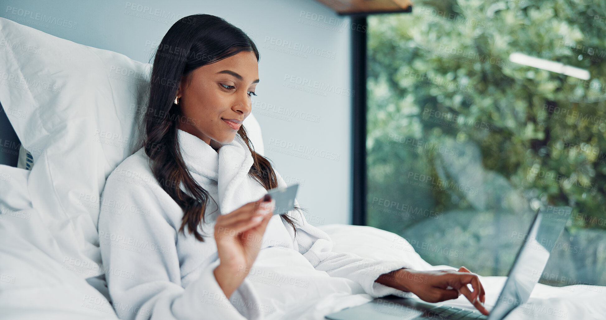Buy stock photo Credit card, laptop and woman in bed for online shopping, information or holiday sale in home. Sign up, tech or typing for hotel booking in bedroom with budget app, password or payment deal with robe