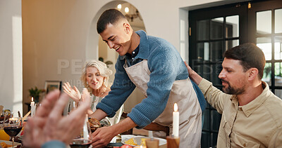 Buy stock photo Christmas, serving or people in house with meal, bonding together or clap in festive celebration. Thanksgiving, applause or family at home with buffet, social gathering or connection at holiday table