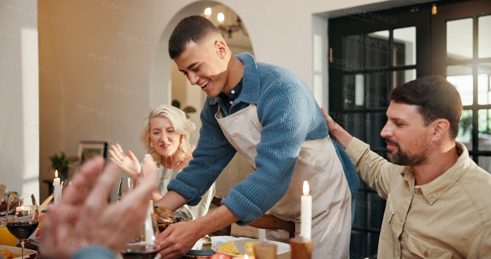 Buy stock photo Christmas, serving or people in house with meal, bonding together or clap in festive celebration. Thanksgiving, applause or family at home with buffet, social gathering or connection at holiday table