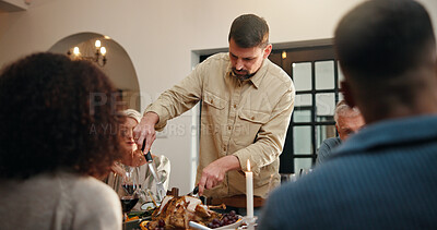Buy stock photo Christmas, serving or people in house with food, bonding together or buffet in festive celebration. Party, reunion or host at home with roast, social gathering or connection at holiday table.