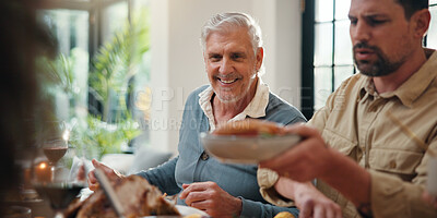 Buy stock photo Serving, happy family and thanksgiving lunch in home for holiday season, eating and celebration. Festive feast, food and people with social gathering at dining table for tradition, bonding or hosting
