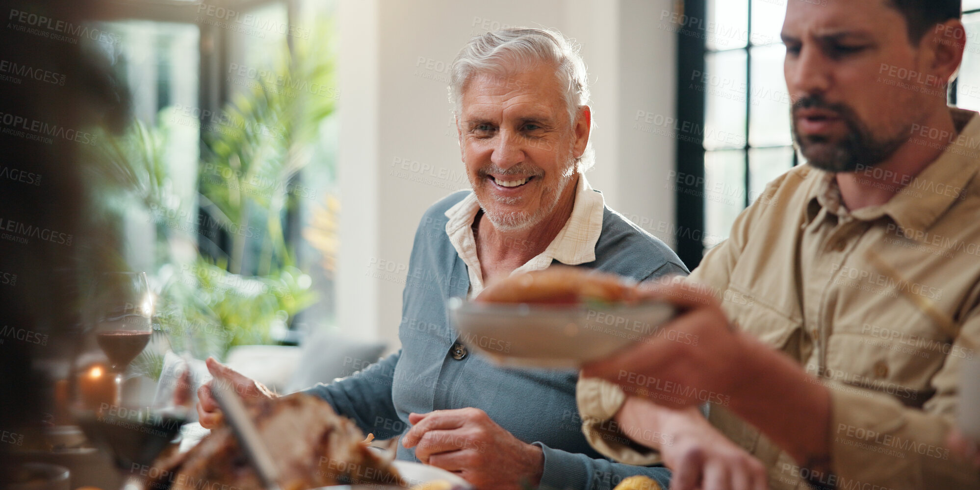 Buy stock photo Serving, happy family and thanksgiving lunch in home for holiday season, eating and celebration. Festive feast, food and people with social gathering at dining table for tradition, bonding or hosting