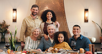 Buy stock photo Thanksgiving, smile and portrait with family in dining room for holiday season, dinner or tradition. Festive feast, party and event with people eating in home for food, hosting and hospitality
