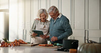 Buy stock photo Senior, couple and tablet with online recipe in kitchen for cooking tutorial or tips in home. Man, woman or research with technology, ingredients or vegetables for meal prep, guide or instructions