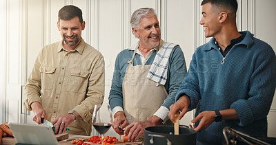 Buy stock photo Grandfather, men and cooking in kitchen with tablet for online recipe, support or thanksgiving dinner. Happy, old man and family in home with tech for holiday meal prep, digital food app and bonding.