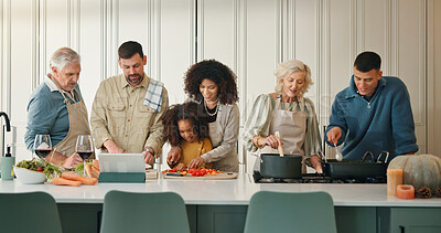 Buy stock photo Cooking, support and big family in kitchen for lunch, supper and prepare food for bonding in home. Culinary skills, social gathering and people for meal prep, conversation and thanksgiving feast