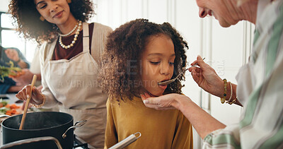 Buy stock photo Family, cooking or child in kitchen with taste, bonding together or meal prep for Christmas buffet. Culinary, grandparent or kid in house with feeding, connection or ingredient try for holiday food.