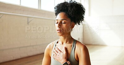 Buy stock photo Breathing, meditation and woman in studio with calm, relax or zen for self care on health retreat. Wellness, gratitude and female person with yoga exercise for mindfulness, balance or healing.