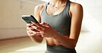 Fitness app, online and hands with smartphone, gym and workout tracking on website for health goals. Scroll, info and person with mobile, research and exercise tips on social media in wellness center