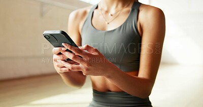 Buy stock photo Fitness app, online and hands with smartphone, gym and workout tracking on website for health goals. Scroll, info and person with mobile, research and exercise tips on social media in wellness center
