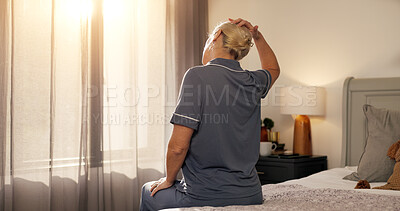 Buy stock photo Back, stretching and woman in bedroom, start day and wellness with sunshine, relax and calm. Home, pensioner and mature person with break, rest and circulation with peace, wake up and muscle relief