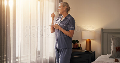 Buy stock photo Bedroom, woman or coffee by window with pajamas for morning reflection, idea or plan for vacation. Thinking, mature person and hot beverage in hotel for holiday inspiration, insight or contemplation.