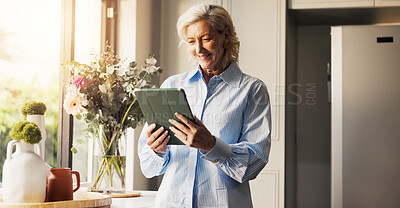 Buy stock photo Home, tablet and senior woman with smile, retirement and connection with social media. Apartment, pensioner and mature person with technology, internet and network with funny meme and communication