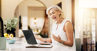 Buy stock photo Remote work from home, laptop and happy woman with video call, conversation and copywriting. Apartment, freelancer and mature person with pc, online chatting and virtual meeting with news interview