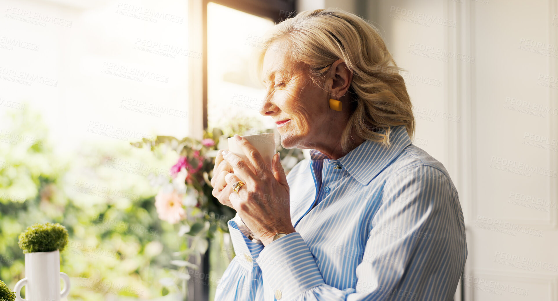 Buy stock photo Coffee, dreaming and senior woman by window in home for reflection, memory or thinking in morning. Cappuccino, nostalgia and elderly female person drinking warm beverage for retirement in apartment.