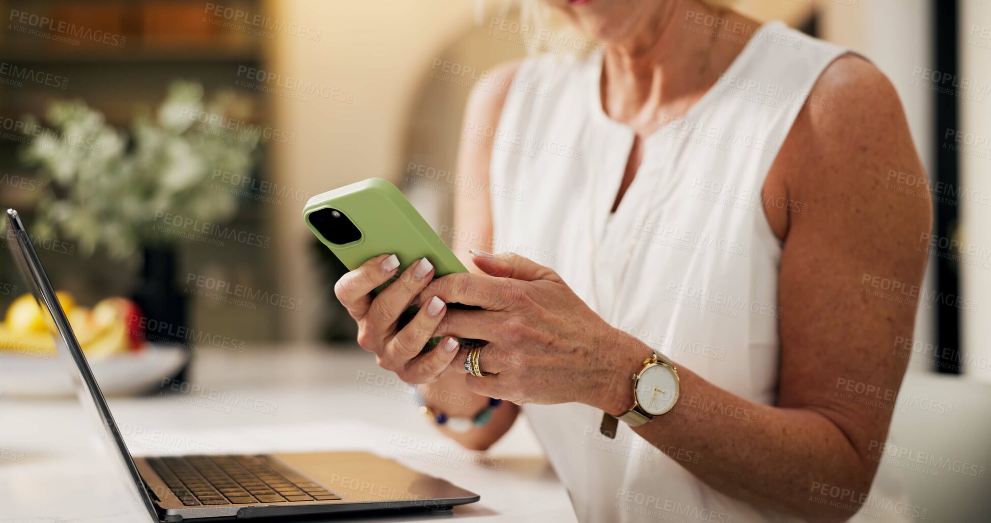 Buy stock photo Hands, woman and typing with phone in home for editor feedback, remote work and submission schedule. Freelance journalist, mature person and tech in apartment to email source and reading online news