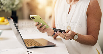 Buy stock photo Credit card, cellphone and hands of woman in home with online shopping, ecommerce or payment on website. Laptop, phone and female person with electronic transaction for order with technology in house