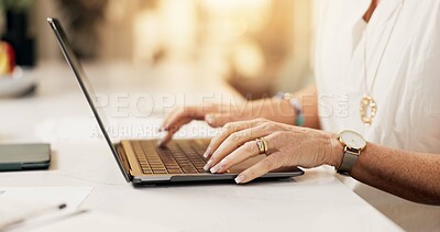 Buy stock photo Woman, hands and typing with laptop in home for journalism, research or online story. Closeup, female person or journalist with computer, network or communication for email, article or digital ebook